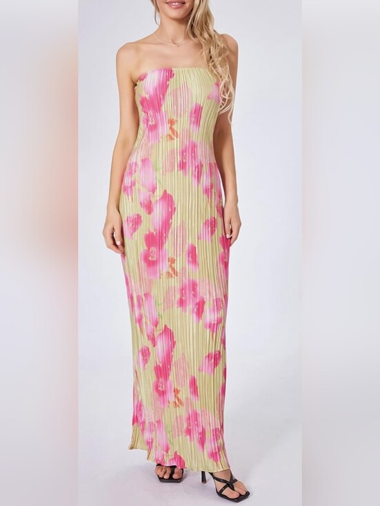 Dresses & Skirts - Strapless Pink Floral Pleated Maxi Dress